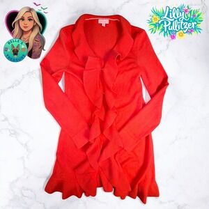 Lilly Pulitzer XS Coral Ruffle Open Front Cascading Waterfall Cardigan Sweater